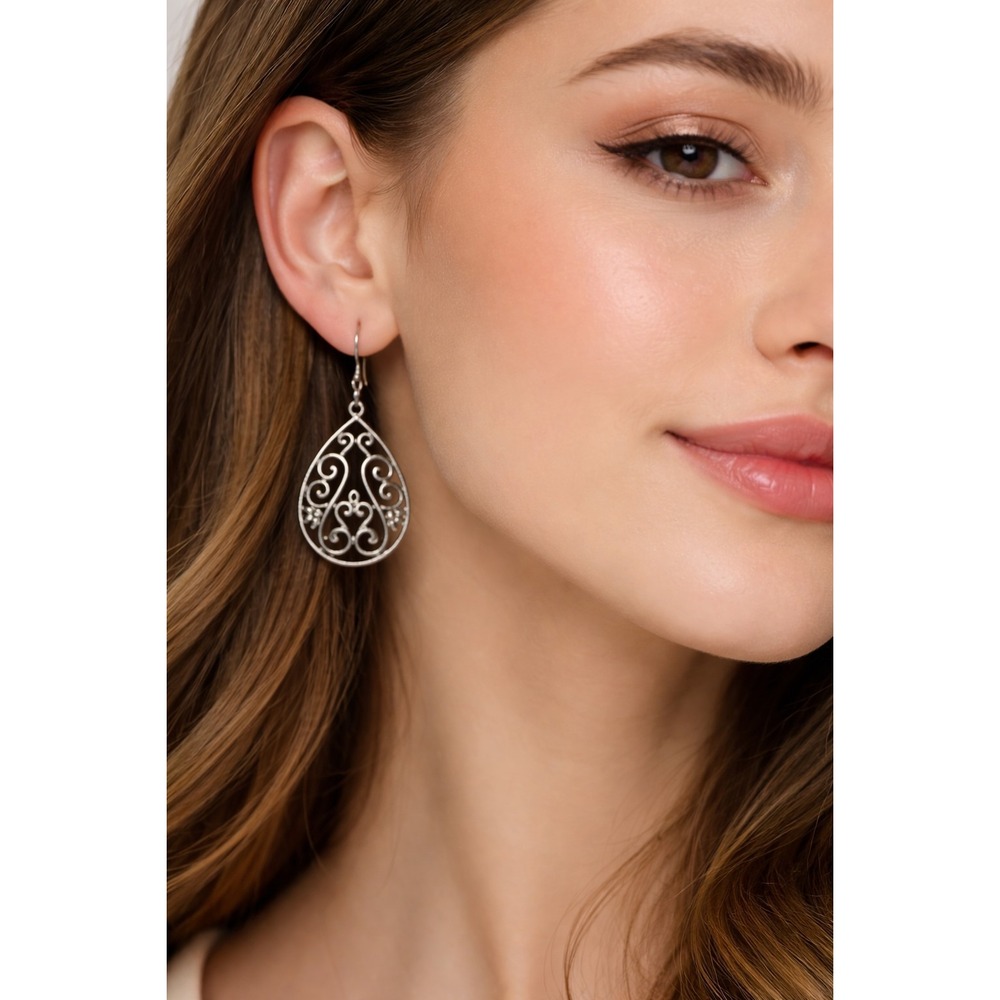 Estate IBB Sterling Silver Dangling Filigree Teardrop Hook Wire Earrings .925